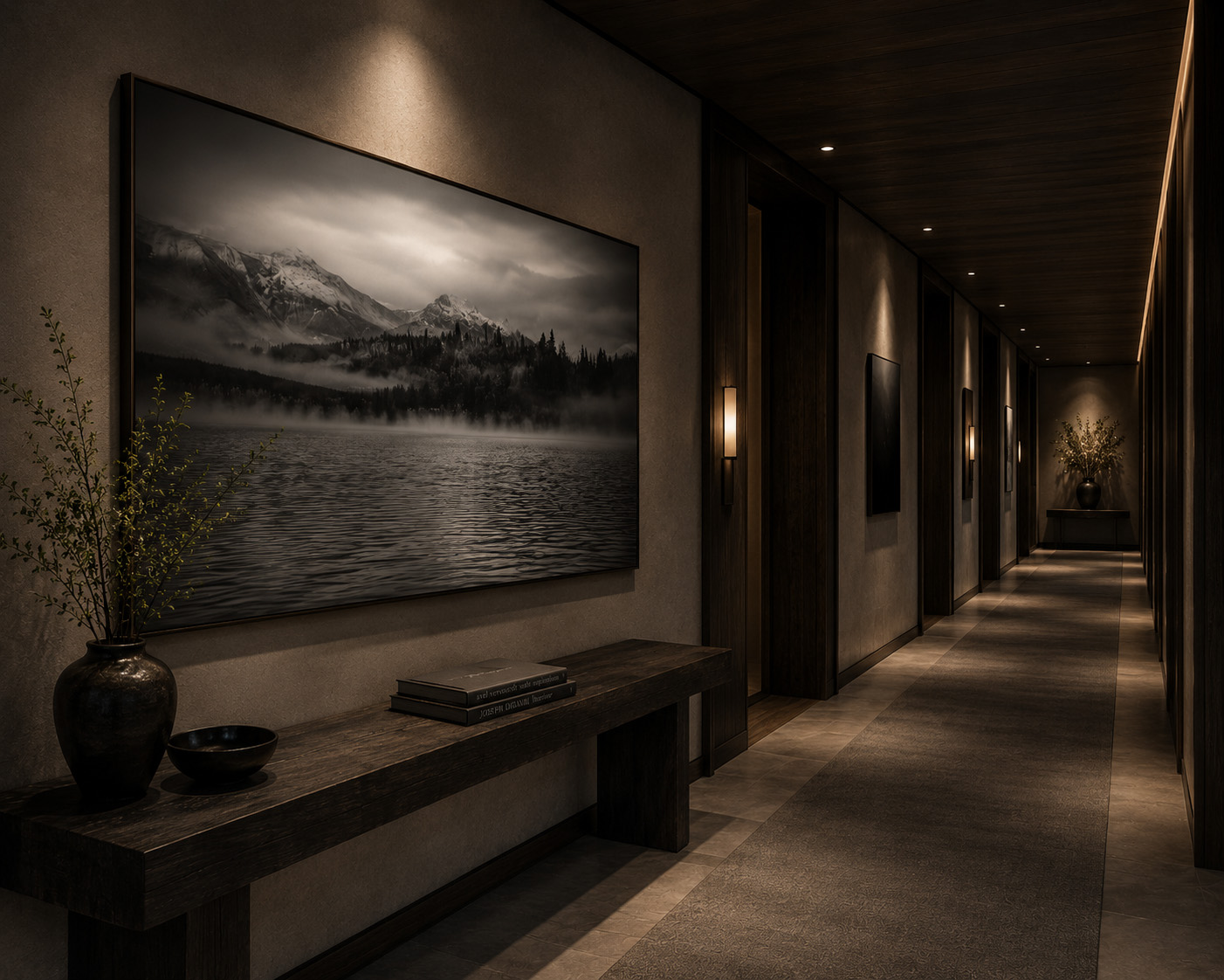 Luxury hospitality corridor with large moody mountain landscape photography by Dan Sproul